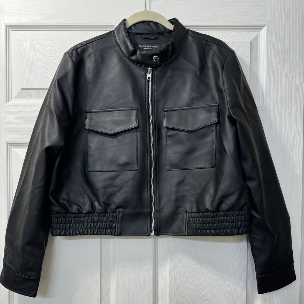 New Marc New York by Andrew Marc Faux Leather Black Bomber Jacket Women’s Sz L
